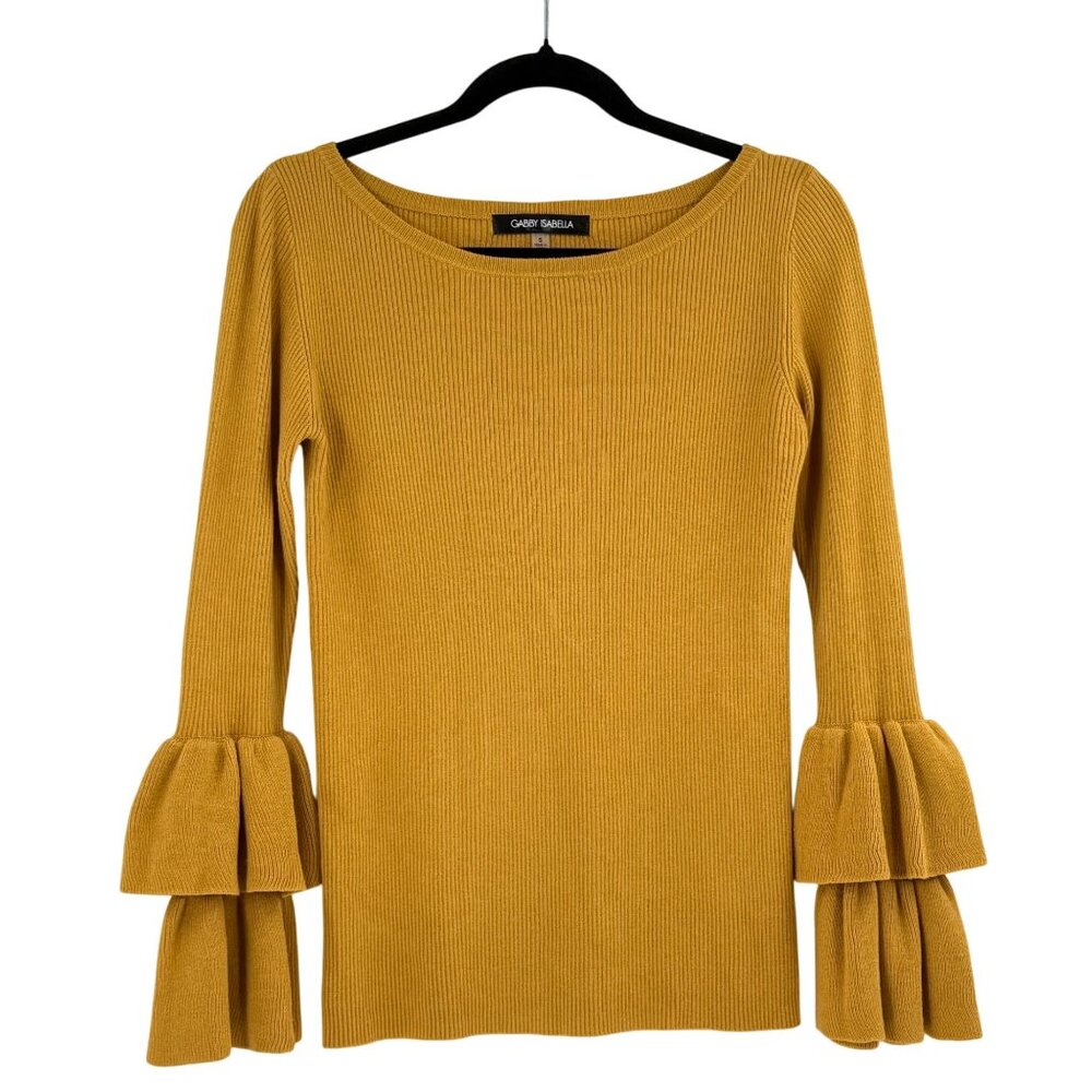 Gabby Isabella Mustard Ribbed Knit Double Bell Sleeve Top S